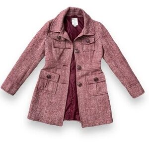 Tulle x Anthropologie Maroon Long Pea Coat Wool Blend Herringbone Size XS